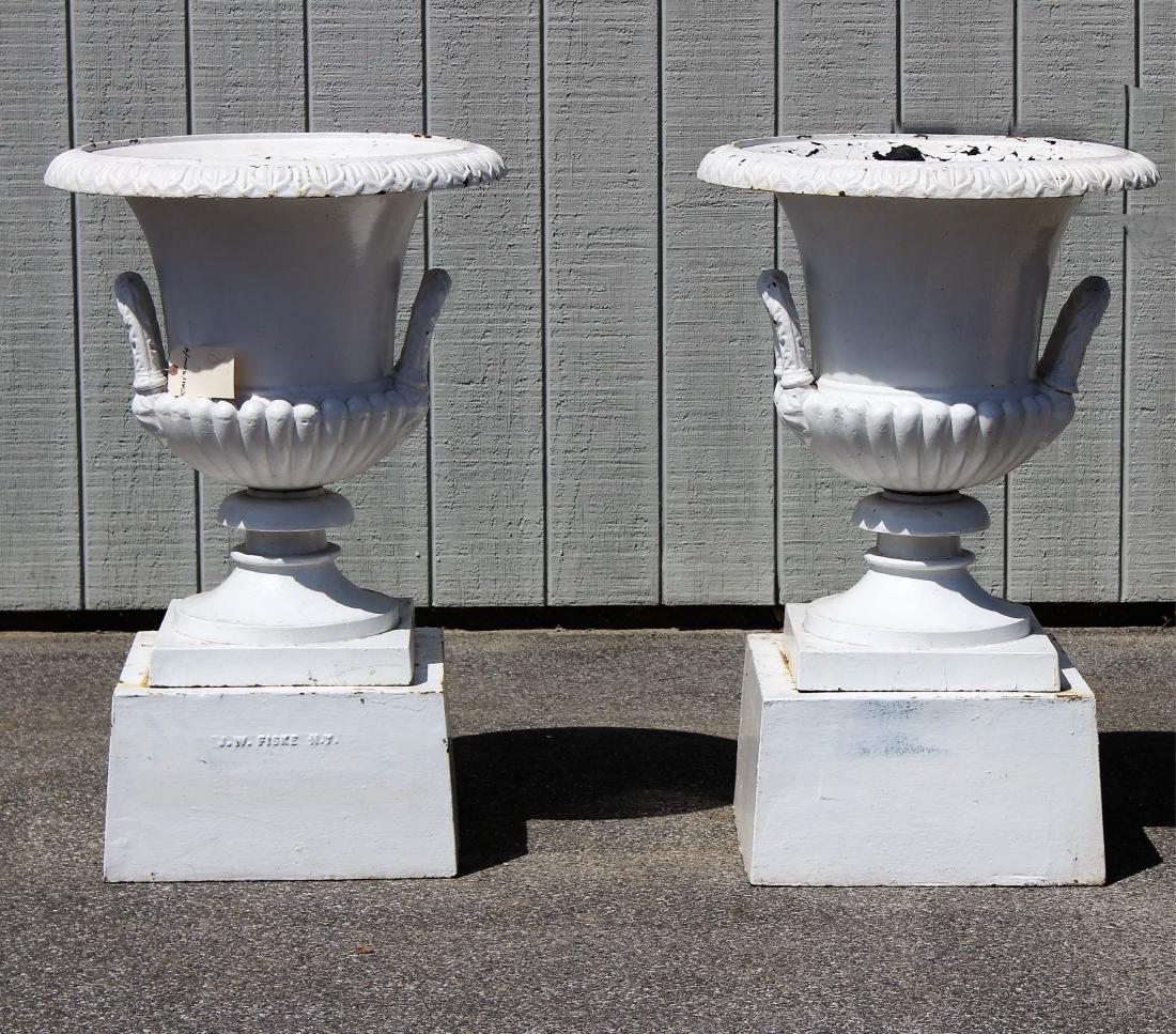 Pr Lg. J W Fiske Cast Iron Urns on Matching Plinth (1 of 6)