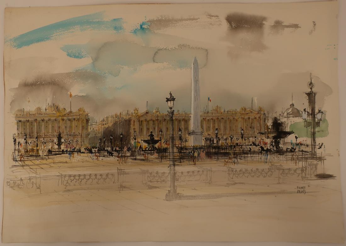 Pierre Pages, Fr, b.1933, 5 Parisian Scenes W/C's: Pierre Pages, French, b. 1933, Five Parisian Scenes, color watercolors, all signed.(MLEN5032/5)(TC)Dimensions: the largest 22x30, smallest 10x22, all unframed Provenance: From a prominent family conne