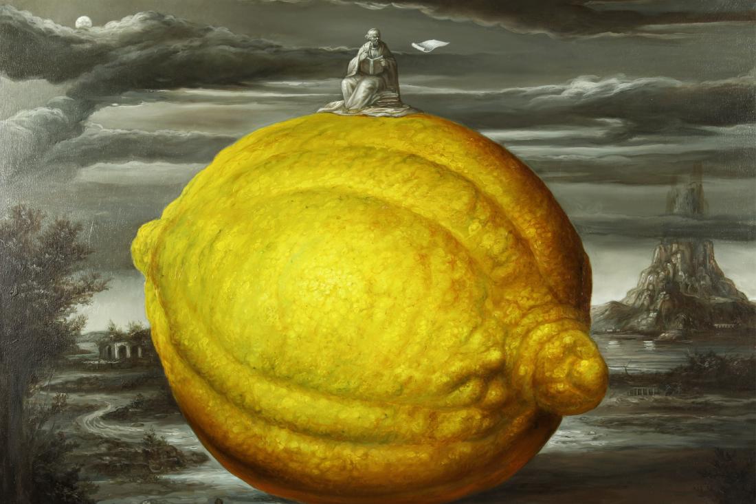 Cacace Filippo,It., Man on Top of Lemon,O/C: Cacace Filippo, Italian,b.1959, Man on top Lemon, O/C, signed lower right, verso titled signed and dated(MCAS5128)(MM)Dimensions: 40 x 47 Provenance: Cascone Collection of Arts and Antiques