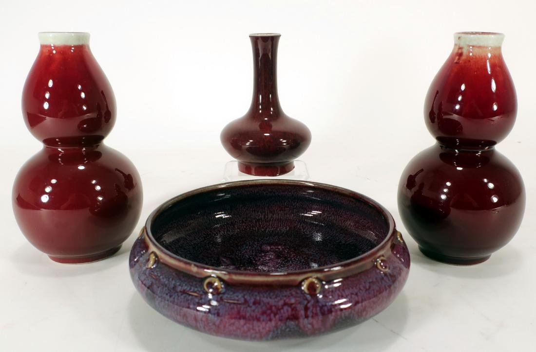 Chinese Porcelain Flambe Bowl and 3 Oxblood Vases (1 of 7)