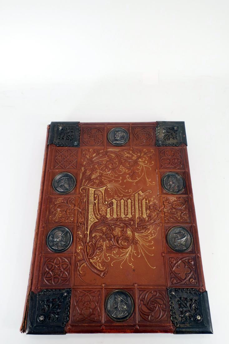 FAUST 1877 London Leather Bound Silverplate Cameos: Goethe's FAUST elephant folio deeply embossed and gilt leatherbound volume with 8 ornate silverplate metal corners and 6 silverplated relief cameos; translated by Theodore Martin; illustrated by Prof.