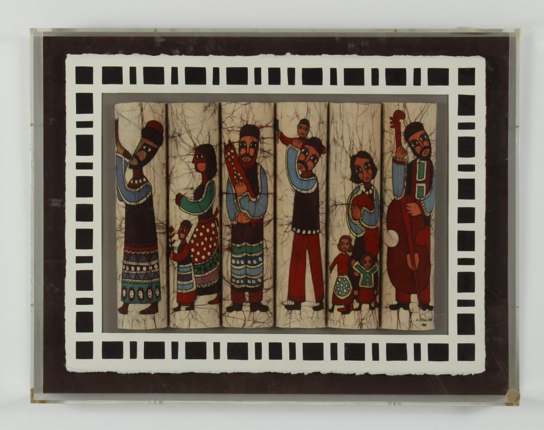 Amos Amit, Israeli, b. 1947 Figures, Construction: Amos Amit, Israeli, b. 1947 Six Figures, Oil on Six Canvas Covered Half-Tubes, Construction, signed and dated 87.(SOSH6003)(TC)Dimensions: 23x29, framed 26x34x4" D