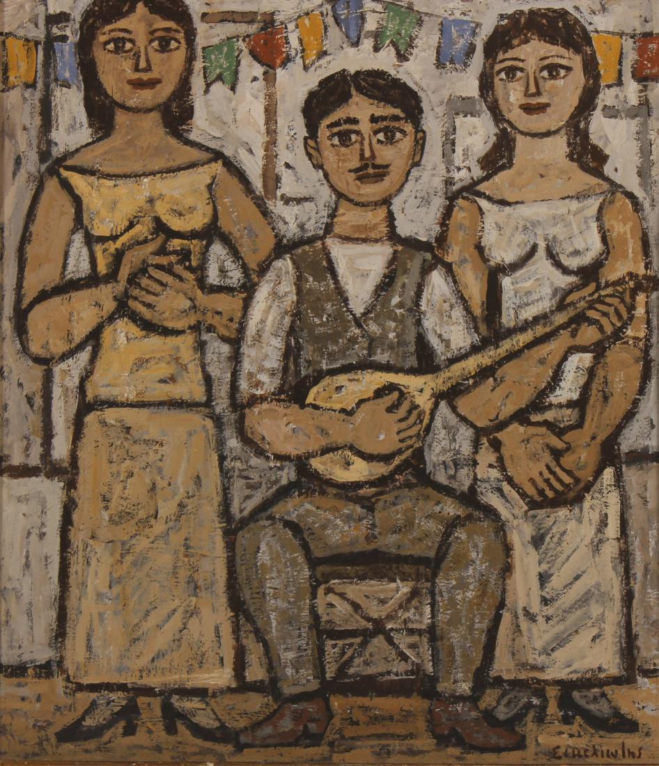 Three Musicians, Oil on Masonite, Signed Illegibly (1 of 7)