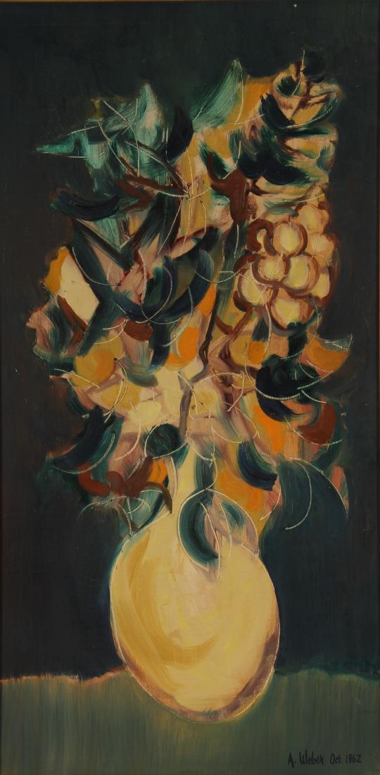 Arnold Weber, Am., 1931-2010, Flowers in Vase, O/C: Arnold Weber, American, 1931-2010, Abstract Flowers in Vase, Oil on Canvas, signed and dated Oct 1962 [555-301](RRSH6303)(PR)Dimensions: 49 x 25
