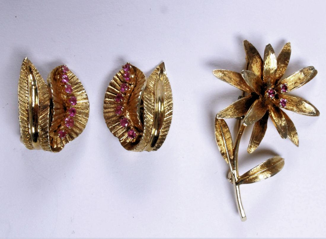 14K Gold and Ruby Pin and Earrings (1 of 5)