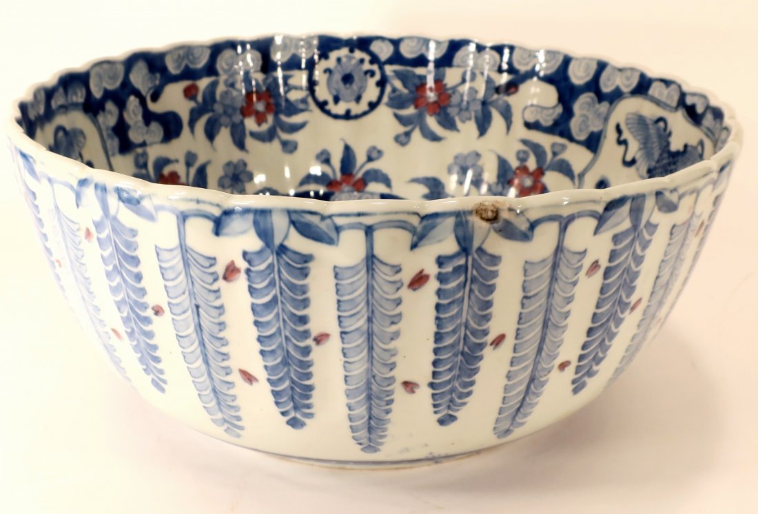 Large Asian Porcelain Blue/White Decorated Bowl (1 of 8)