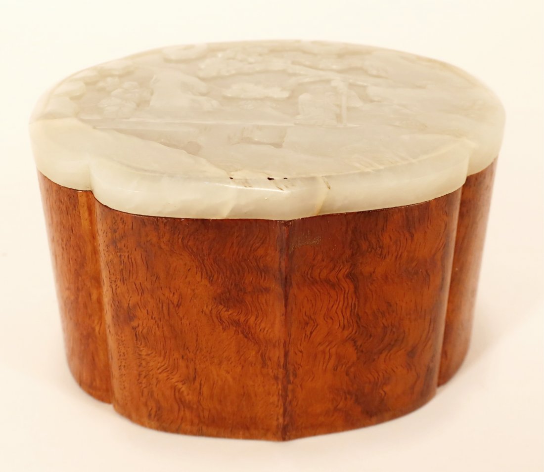 Chinese Carved Wooden Box - White Jade Cover (1 of 7)
