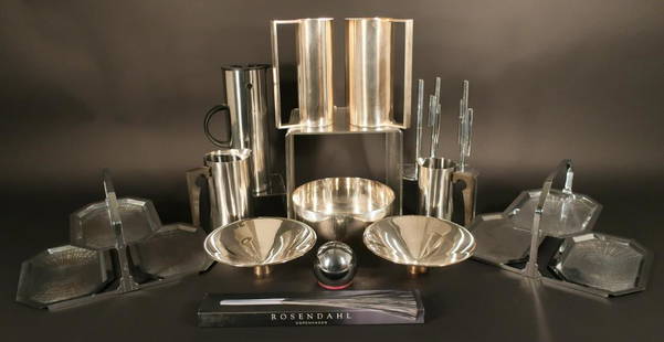 Lot of 15 Modern Metal Serving Pieces: Lot of 15 Modern Metal Serving Pieces, includes 2 Armani pitchers and serving bowl, 2 unmarked cone shaped bowls, Erik Magnussen Thermo Jug for Stelton and 2 Arne Jacobsen SS pitchers for Stelton, 3 m