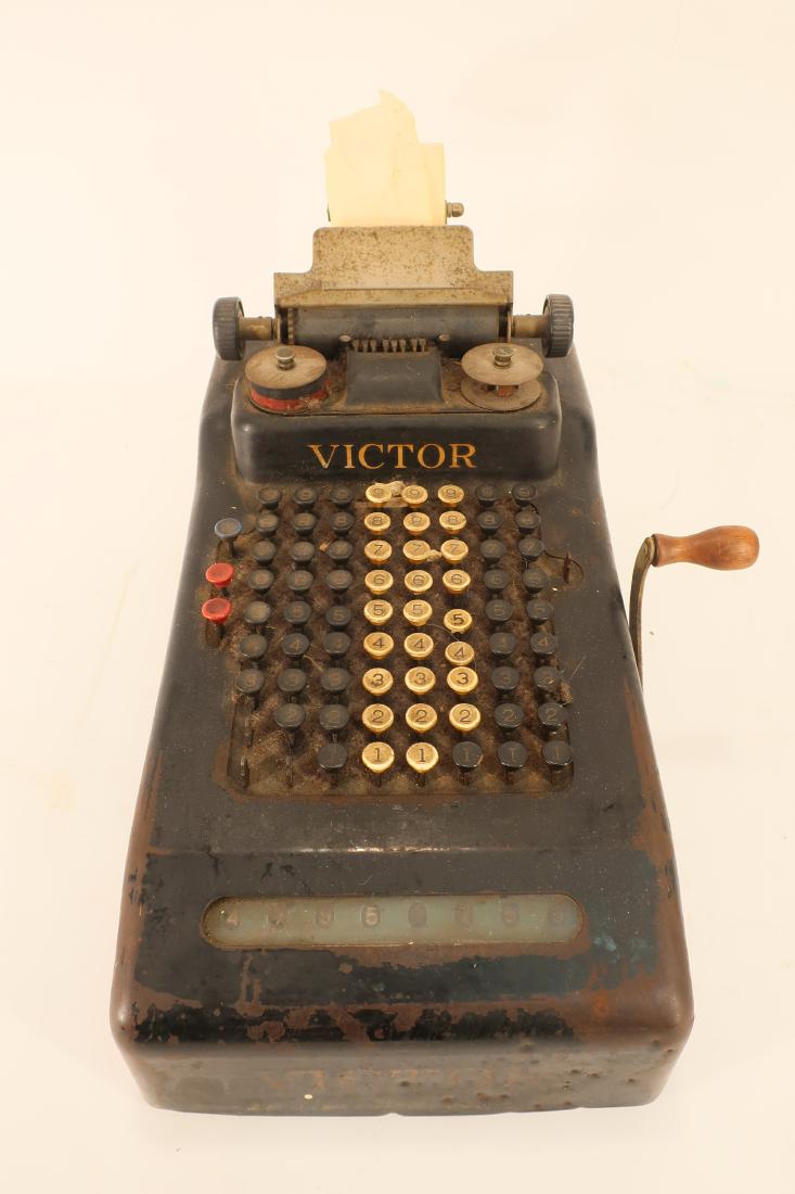 Jack Victor Adding Machine, c.1930: Jack Victor Adding Machine, c.1930, includes ribbon and paper [ROSE7100] (MM) Dimensions: 10.5" x 18" x 9" Provenance: From an Upper West Side estate located at 525 West End Ave, Manhattan.