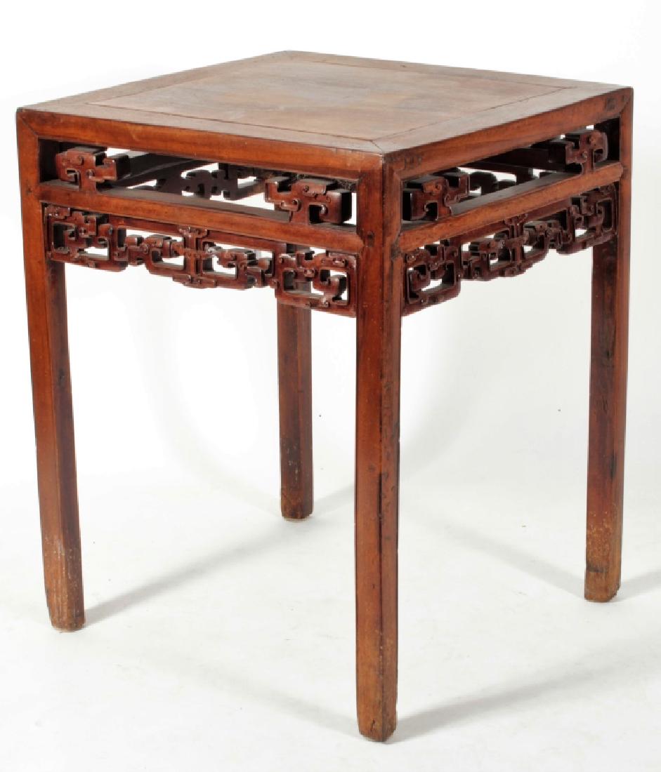 Chinese Square Wine Table, 19th C.: Carved and pierced hardwood and frieze. [TCRE3502] (WWT) Dimensions: 34.5" x 28" x 26.5"