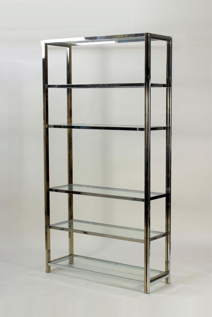 Midcentury Modern Gold and Chrome Toned Etegere: Midcentury Modern Gold and Chrome Toned 6-Shelf Etegere, glass shelves [QSRY7103] (MM) Dimensions: 80x43x15 Provenance: from a Central Park South, Manhattan estate.