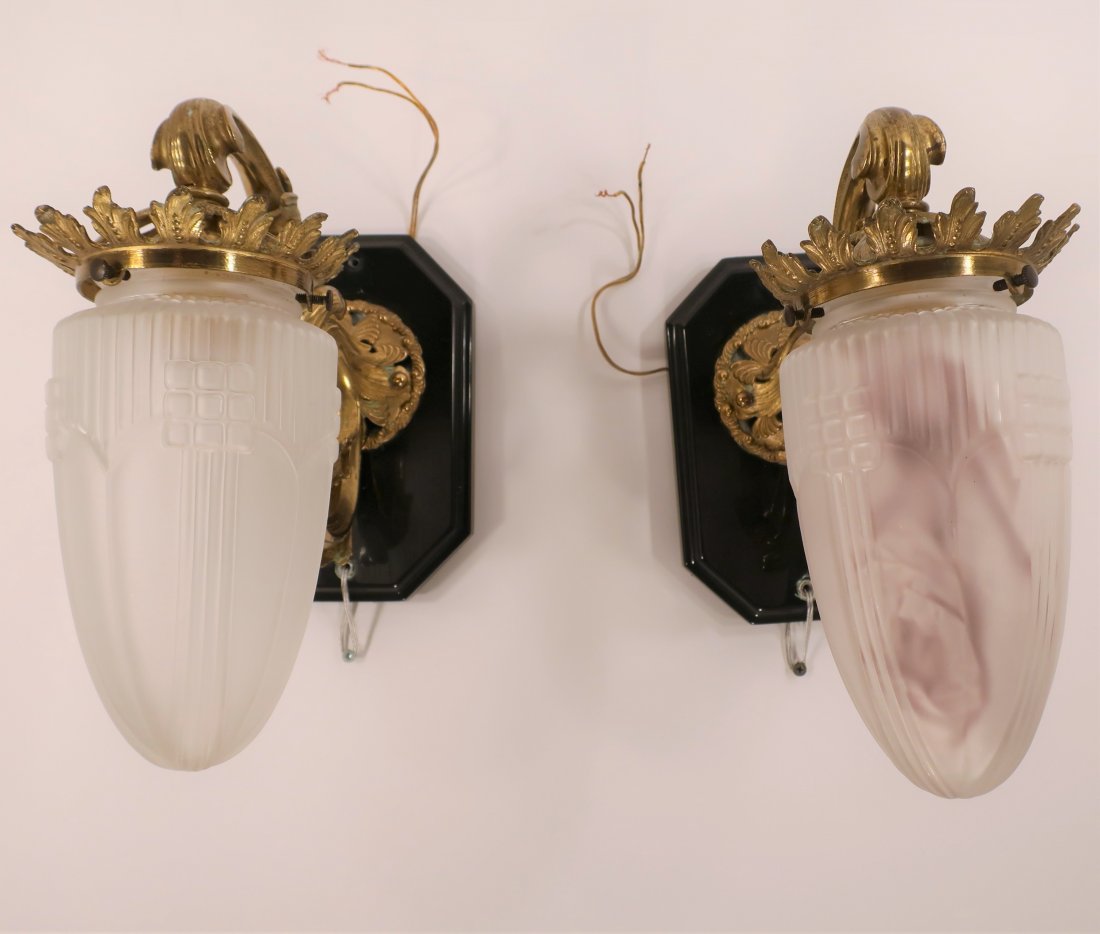 Pair Louis XV-Style Gilt Bronze and Marble Sconces: A Pair of Louis XV-Style Gilt Bronze Sconces on Black Marble Octagonal Mounts, with urn-form frosted glass shades, can be mounted facing up or down [DBRO7013/2] (TC) Dimensions: the bronze sconce 7" H