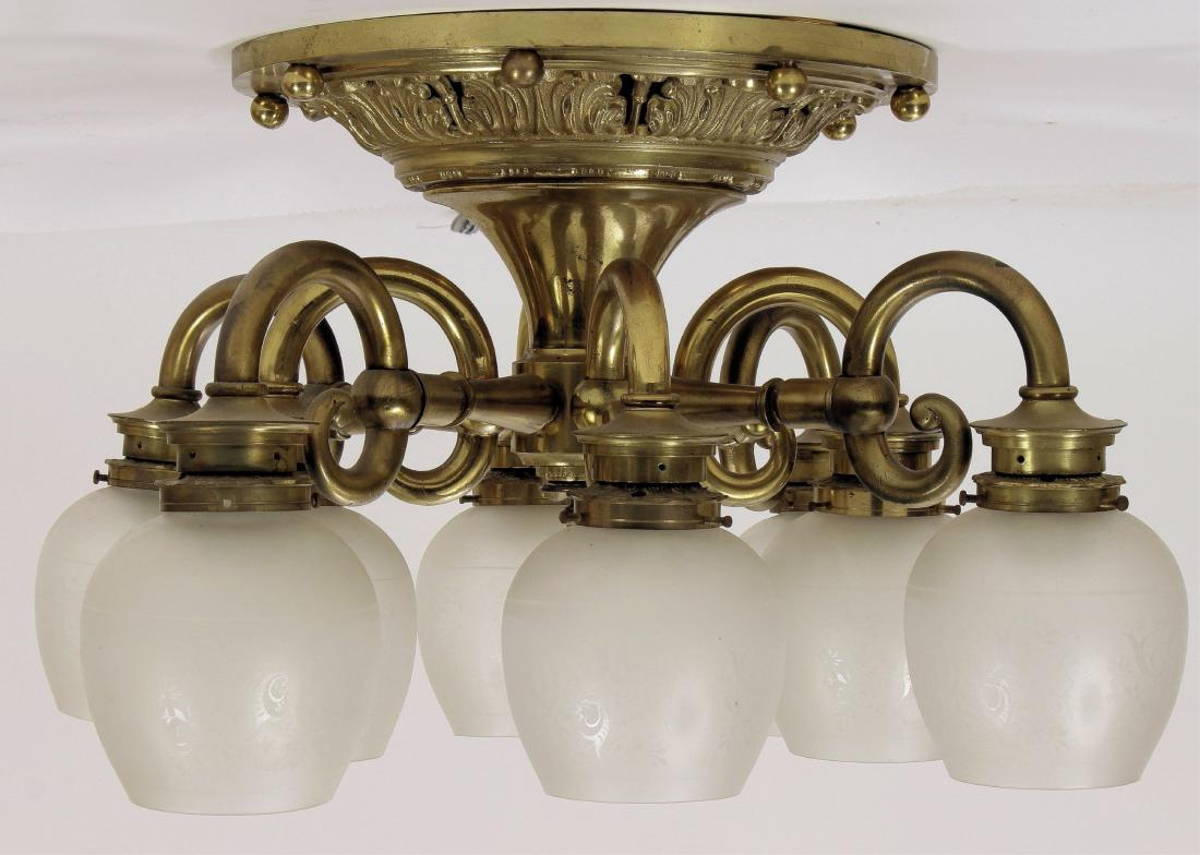 Heavy Cast Brass Ceiling Fixture w 8 Etched Globes (1 of 9)