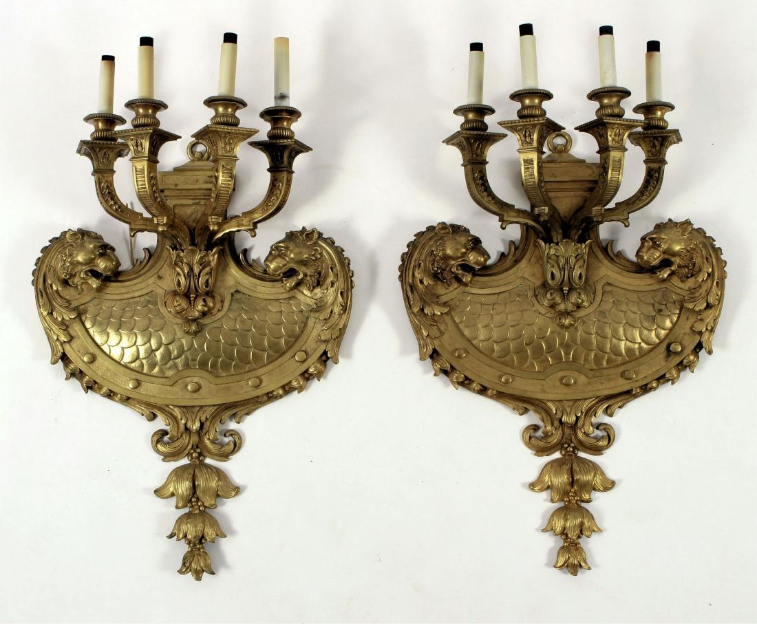Pr Large Louis XIV-Style Gilt Bronze Lion Sconces (1 of 8)
