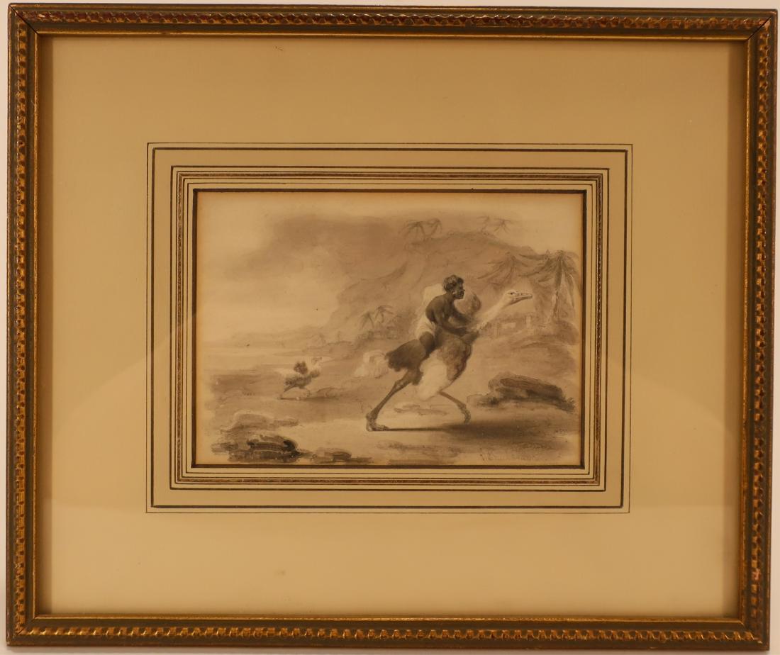 Isaac Robert Cruikshank, Br. Ostrich Race,inkwash: Isaac Robert Cruikshank,British,1789-1856,Ostrich Race in South Africa, inkwash, signed lower right [EMOR7136] (MM) Dimensions: 3 3/4 x 5 1/4, framed 9 x 10 1/2 Provenance: From a Kent Connecticut Hom