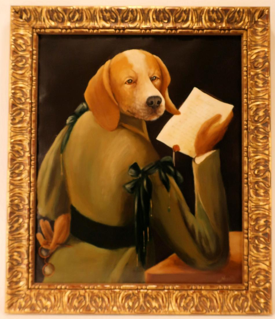 Mitsou Neuville, Fr., 20th C., Dog with Document: Mitsou Neuville, Fr., 20th C., Dog with Document, Tempera on Linen [QSRY7179] (MM) Dimensions: 28 1/2 x 24, framed 34 x 29 Provenance: from a Central Park South, Manhattan estate.