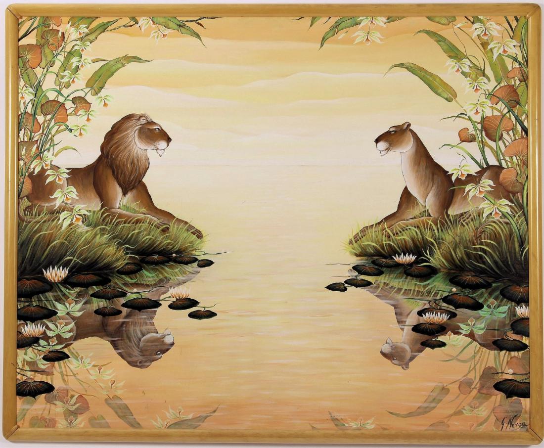 Gustavo Novoa b. 1941 Oil on Board of Lion and Lioness (1 of 7)