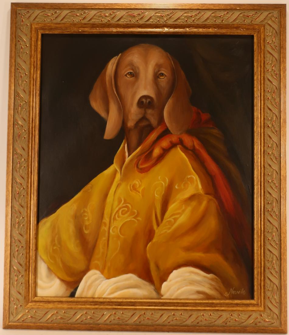 Mitsou Neuville, Fr., 20th C., Dog in Yellow Robe: Mitsou Neuville, Fr., 20th C., Dog in Yellow Robe, Tempera on linen [QSRY7180] (MM) Dimensions: 27 x 22 1/2, framed 35 x 30 Provenance: from a Central Park South, Manhattan estate.