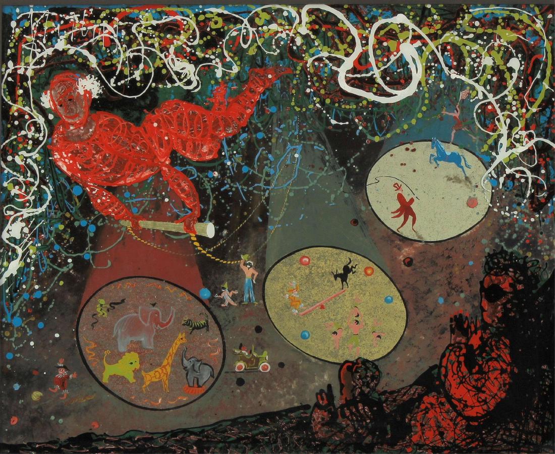 Clement Hurd "Three Ring Circus" Oil on Glass: Clement Hurd American 1908 - 1988, "Three Ring Circus", oil paint on three sides of glass panels. c. 1952. PROVENANCE: Acquired by Edmund and Ann Fuller directly from the artist, a personal friend, an