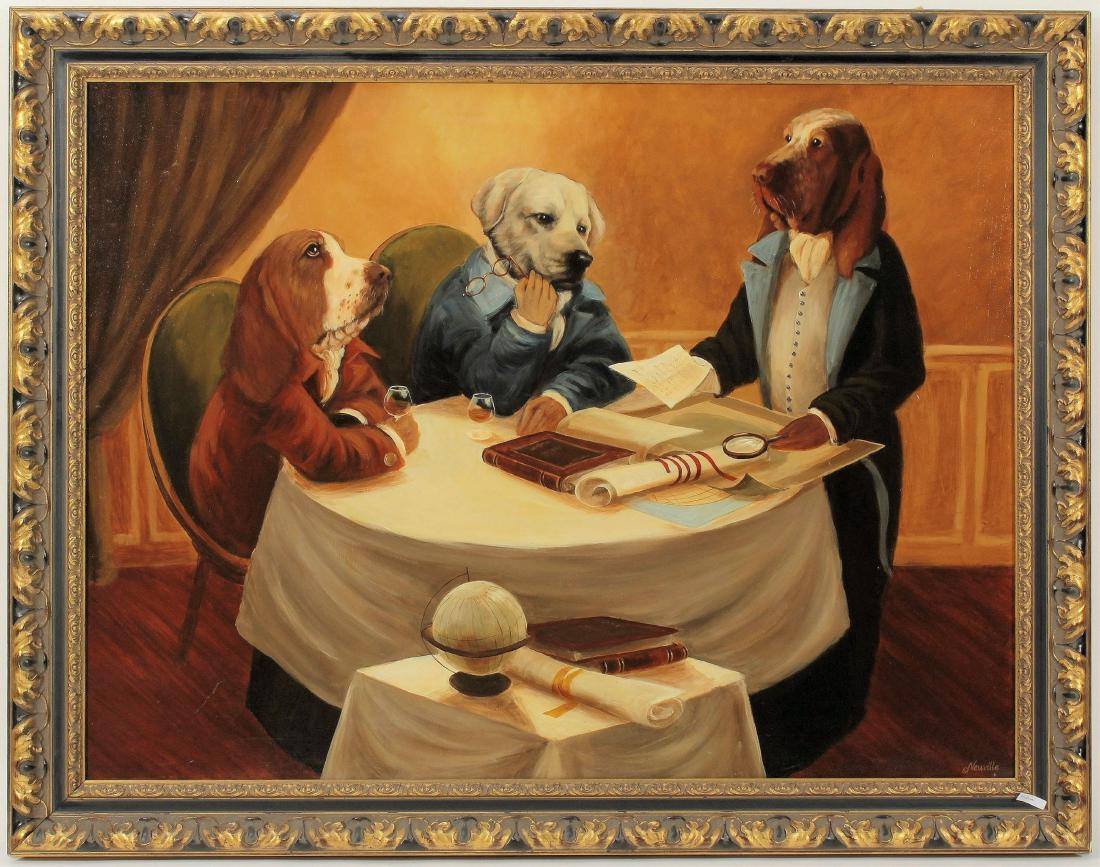 Mitsou Neuville, Fr., 20th C., 3 Dogs,T/C: Mitsou Neuville, Fr., 20th C. , 3 Dogs, Tempera on canvas [QSRY7177] (MM) Dimensions: 38 x 50, 46 x 58 Provenance: from a Central Park South, Manhattan estate.