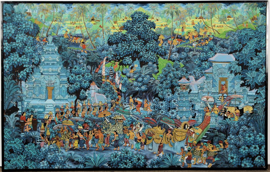 Large Indonesian Painting of a Village, 20th C.: Large Indonesian Oil on Canvas, 20th C., depicting a tropical village, with children playing and others at work, unsigned. [MARA7803] (EKW) Dimensions: 47.5 x 75; Framed: 49 x 76.5