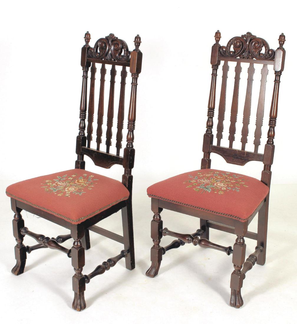 Pair of William and Mary Style Side Chairs: A Pair of William and Mary Style Side Chairs with Needlepoint Seats, 20th c. (GERV8000/2) (TC) Dimensions: 47" at crest, 20" W, 17" D, seat height 20"