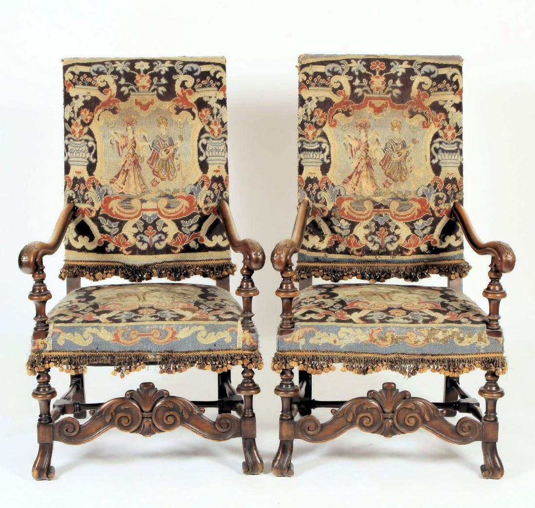 Pair Wm & Mary-Style Armchairs w Tapestry, 19th c. (1 of 10)