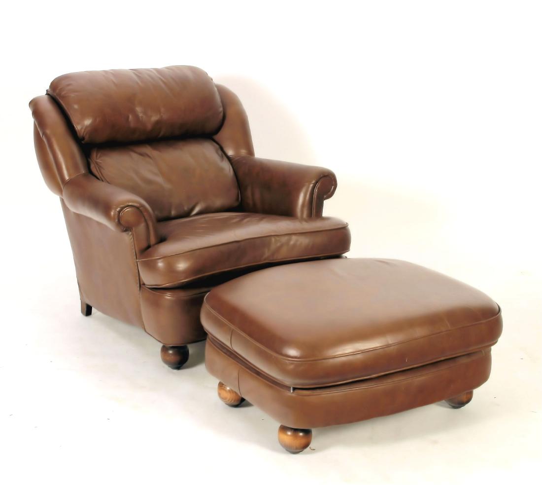 Classic Leather,Inc. Chair and Ottoman: Classical Leather Inc., Hickory, N.C. Transitional Style Leather/Wood Chair and Ottoman, nail head decoration,concave front design with rounded ottoman, backside pitched (JLAP8103/2) (MM) Dimensions: