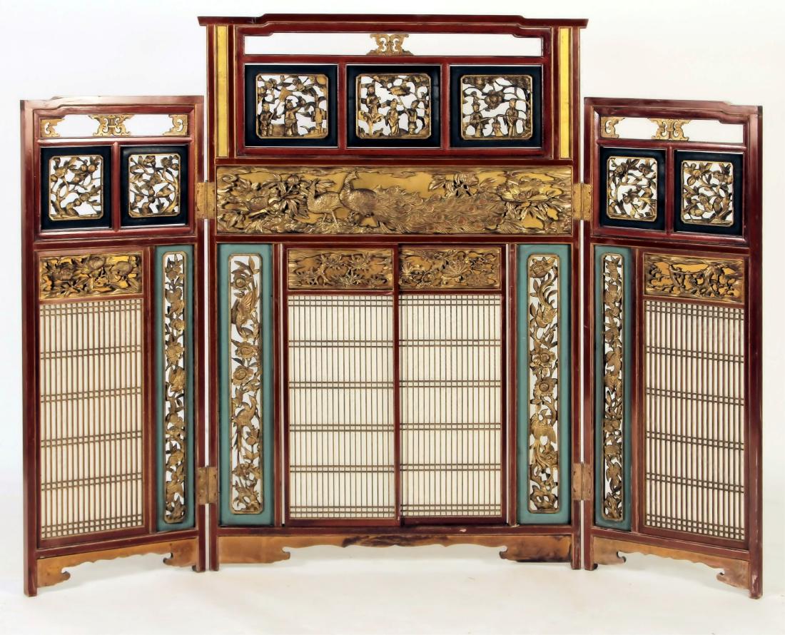 Chinese Three Fold  Screen, Red Lacquer (1 of 6)