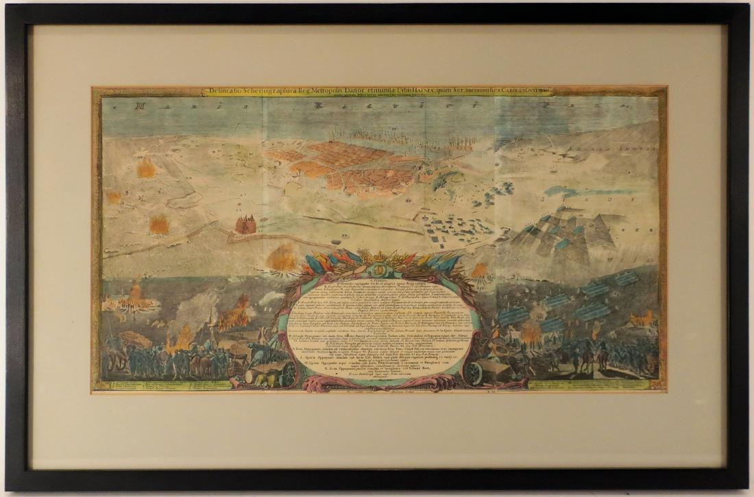 1689 Engraving of Swedish-Danish Battle: Willem Swidde, Dutch, 1660 - 1697), an 1689 topographical engraving depicting the storming of Copenhagen in February 1659 by the Swedish Charles X Gustav. (LLOW8001) (TC) Dimensions: 11x20, framed 17x
