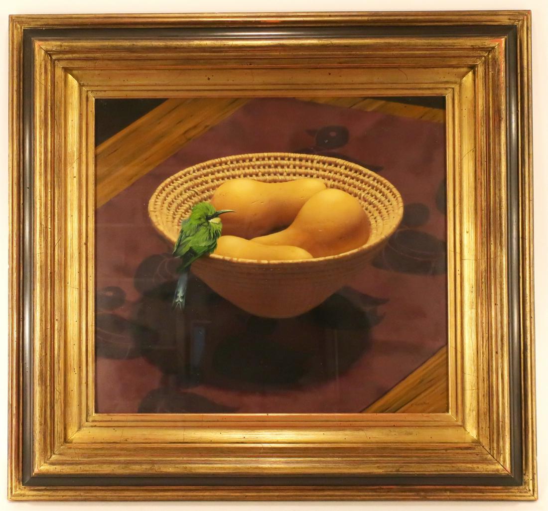 Christopher Haskins, S. African, Still Life O/C: Still life oil on canvas with a basket, butternut squash, and Bee-eater by South African artist Christopher Haskins (1957 - 1999). Signed 'C. Haskins' lower right. Gallery label on reverse from Everar