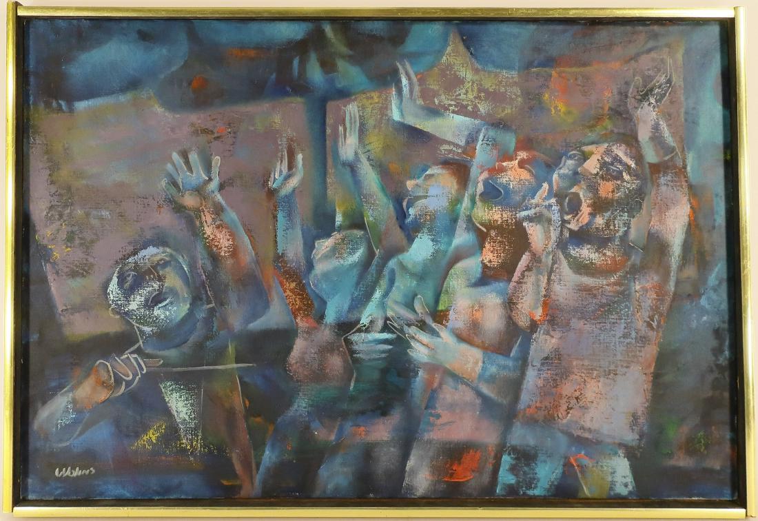 Joseph Wolins, Am., 1915-1999, Rehearsal, O/C: Joseph Wolins,Am.1915-1999, Rehearsal, O/C, verso stretcher signed and dated, recto signed lower left. Note: Wolin's influences included Piero della Francesca, Mantegna and Giotto. He studied at the N
