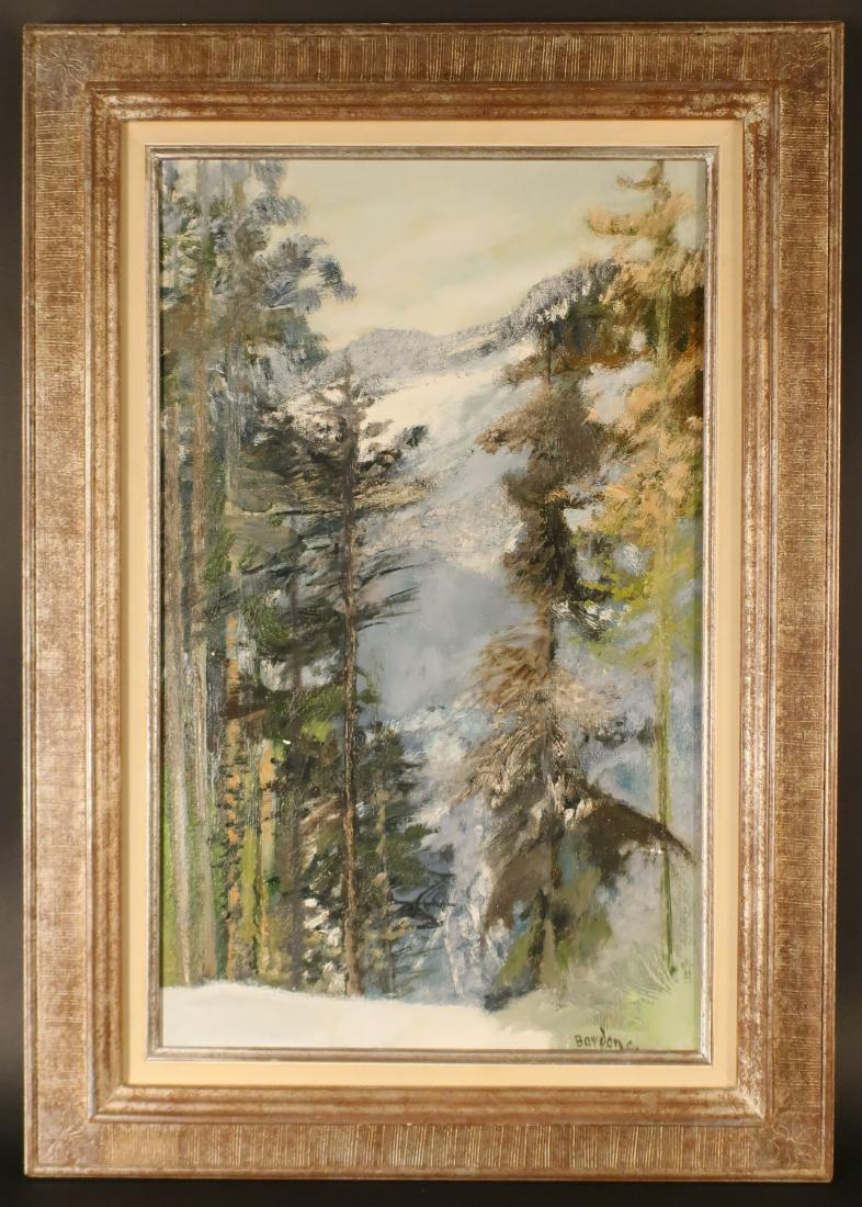 Guy Bardone, Fr., 1927-2015, "Niege a Anzere" o/c: Oil on canvas work of a winter mountain landscape titled 'Niege a Anzere' by French artist Guy Bardone (1927 - 2015). Signed lower left. (WINAG8346) (EL) Dimensions: Sight: 23" x 14.5"; Framed: 30.5