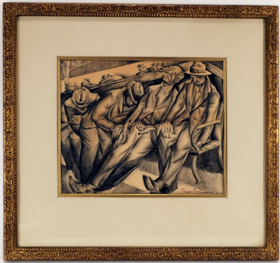 Iver Rose, Am. 1899-1972, WPA-Era Charcoal: Iver Rose, American, 1899-1972, Homeless Men on Park Benches, WPA-era, c. 1935, charcoal on buff paper, signed. (QPRNT8003) (TC) Dimensions: 12x14.25, framed 23x24.5