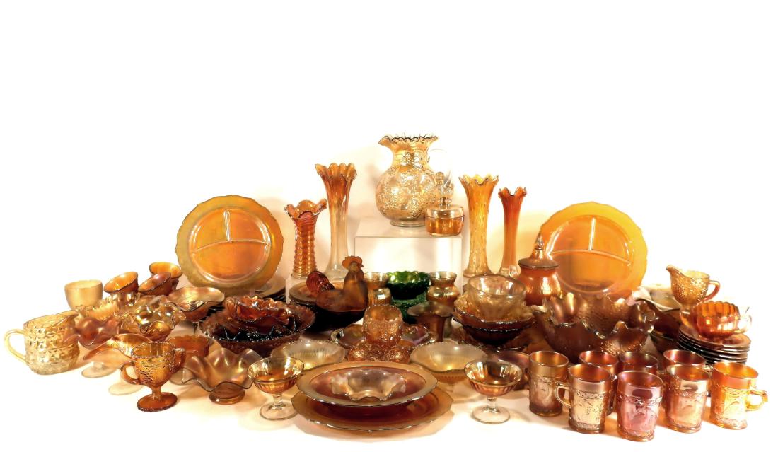 Lot of Victorian Carnival Glass,c.1900: Lot of Victorian Carnival Glass, c. 1900, sugar and creamer with grape design marked, iridescent colors range from green, yellow,amber and red tones (QSCAR8124/LOT) (MM) Dimensions: Varies from flower