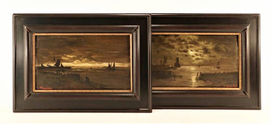 Con'tl Sch, Pair of Evening Seascapes w Ships, O/P (1 of 5)