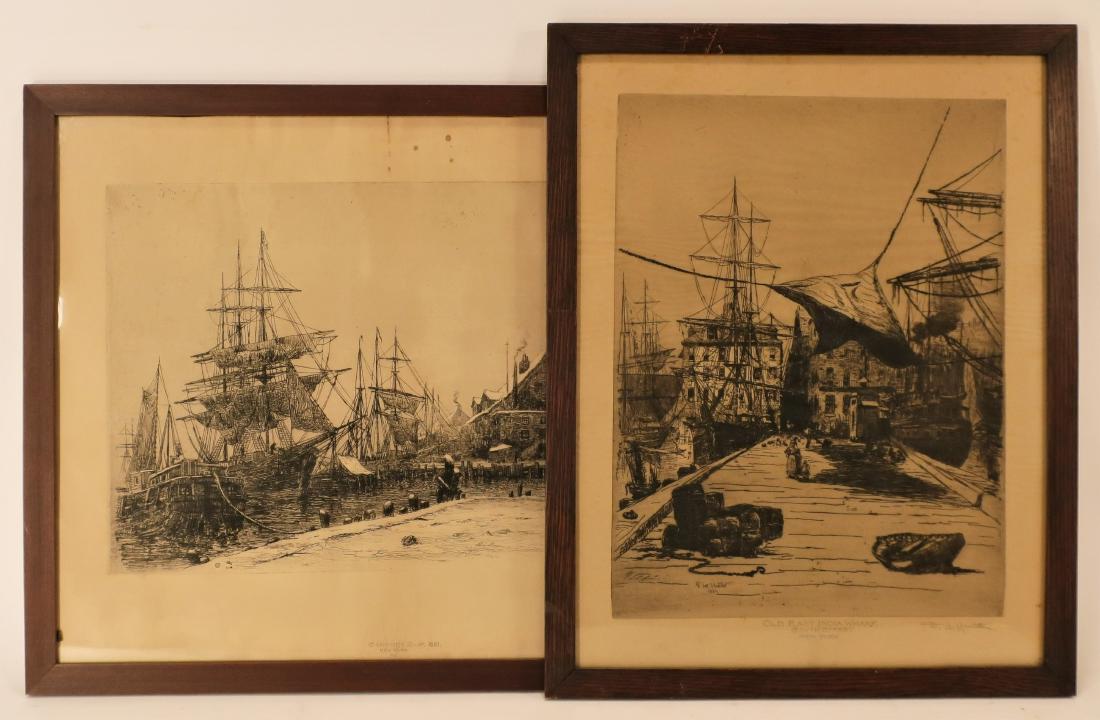 F Leo Hunter "East India Wharf" "Peck Slip" Prints: Frederick Leo Hunter, American, 1858-1943, "Old East India Wharf" and "Peck Slip", two etchings, both NYC waterfront scenes, each pencil signed and titled, c. 1880 (RDEN9000/2)[TC] Dimensions:framed 2