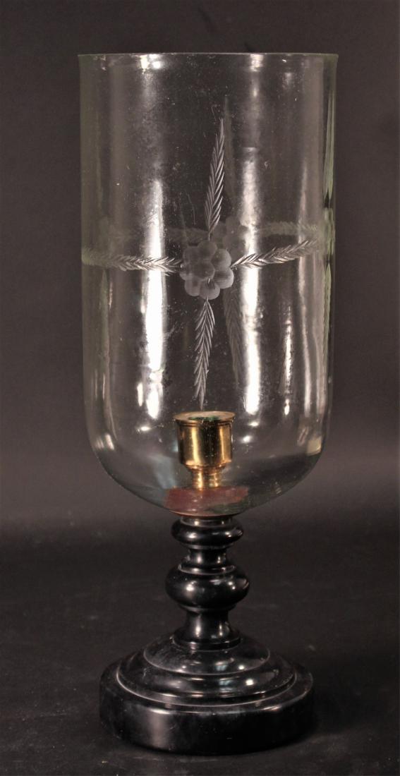 Engraved Glass and Black Alabaster Candlestick: A large vintage hurricane candlestick, hand-engraved glass shade on a black alabaster turned base, Italian, c. 1960 (QKAT9000)[TC] Dimensions:18.25" H, shade 7" diameter