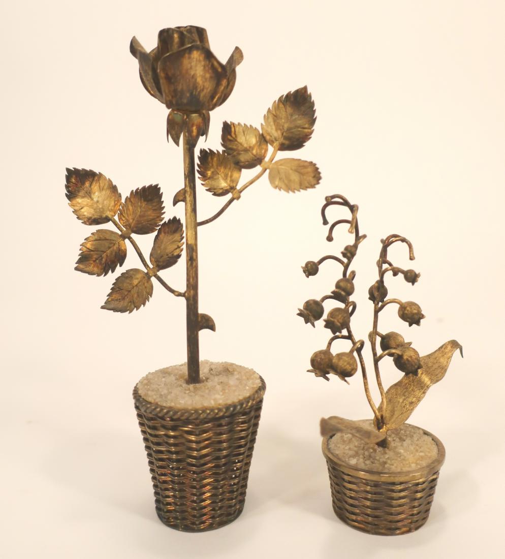 2 Tiffany Sterling Gilt (Vermeil) Flowers: Each in a "woven" basket marked "Sterling, Mexico", the larger also marked "Janna" for Janna Thomas, 69B and 241 (LFIN9502/2)[WT] Dimensions:7" H and 4 1/2" H