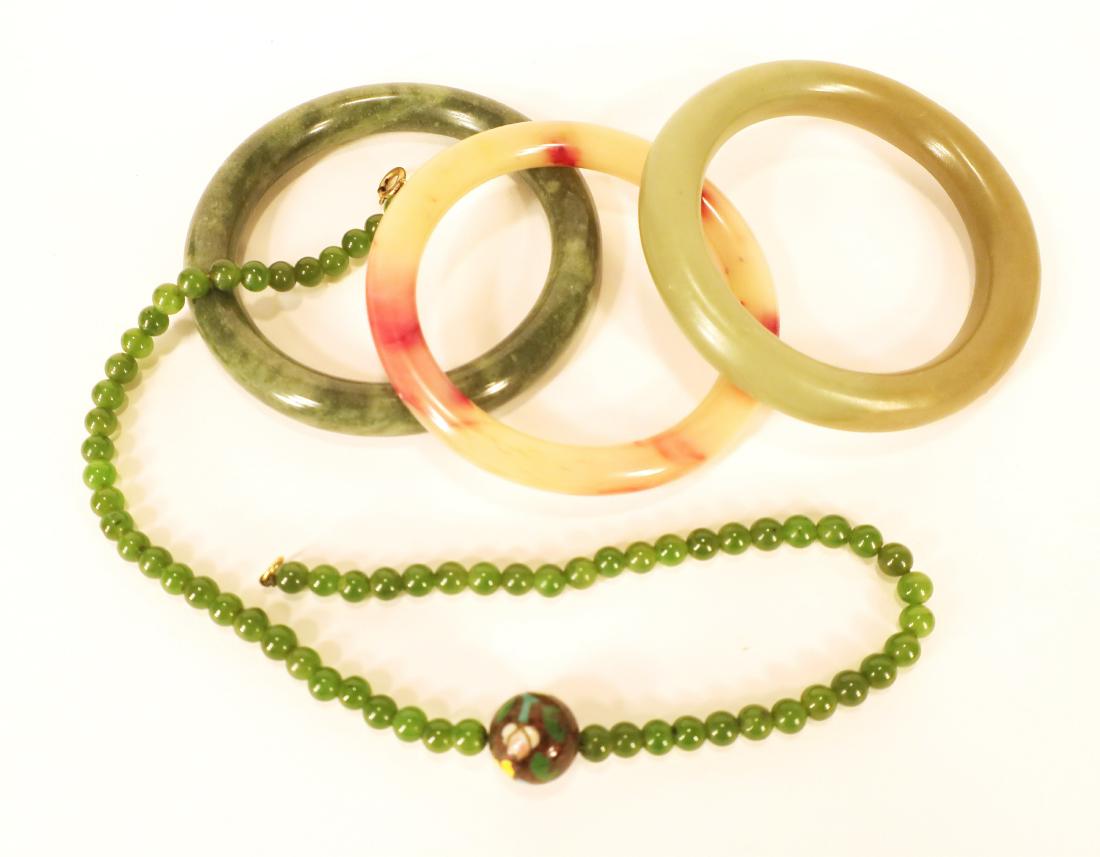 Group of Jade Jewelry: 3 Bangles, 1 Necklace (1 of 2)
