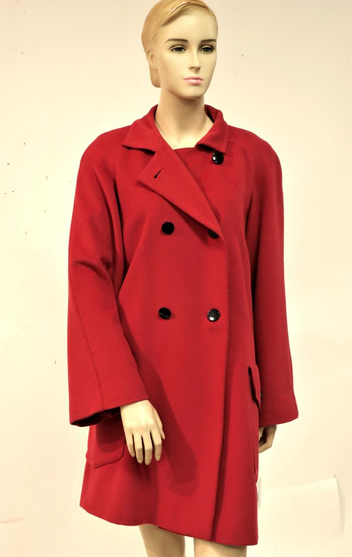 Guy Laroche Swing Coat: Bittersweet red, double breasted, possibly cashmere, swing coat by G L Boutique. Top stitch detail, front patch pockets, stand up collar. (SOSC1370) (KR) Dimensions: Size 38.