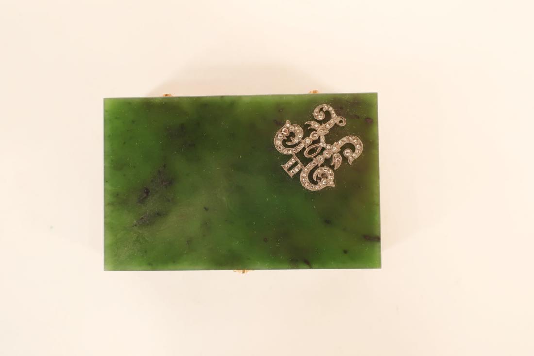 Jade, Diamond, Enamel & Marcasite Box: Initials on cover, fitted case [r. 53] (HINC1530) (WT) Dimensions: 3 1/2" x 2 1/2"