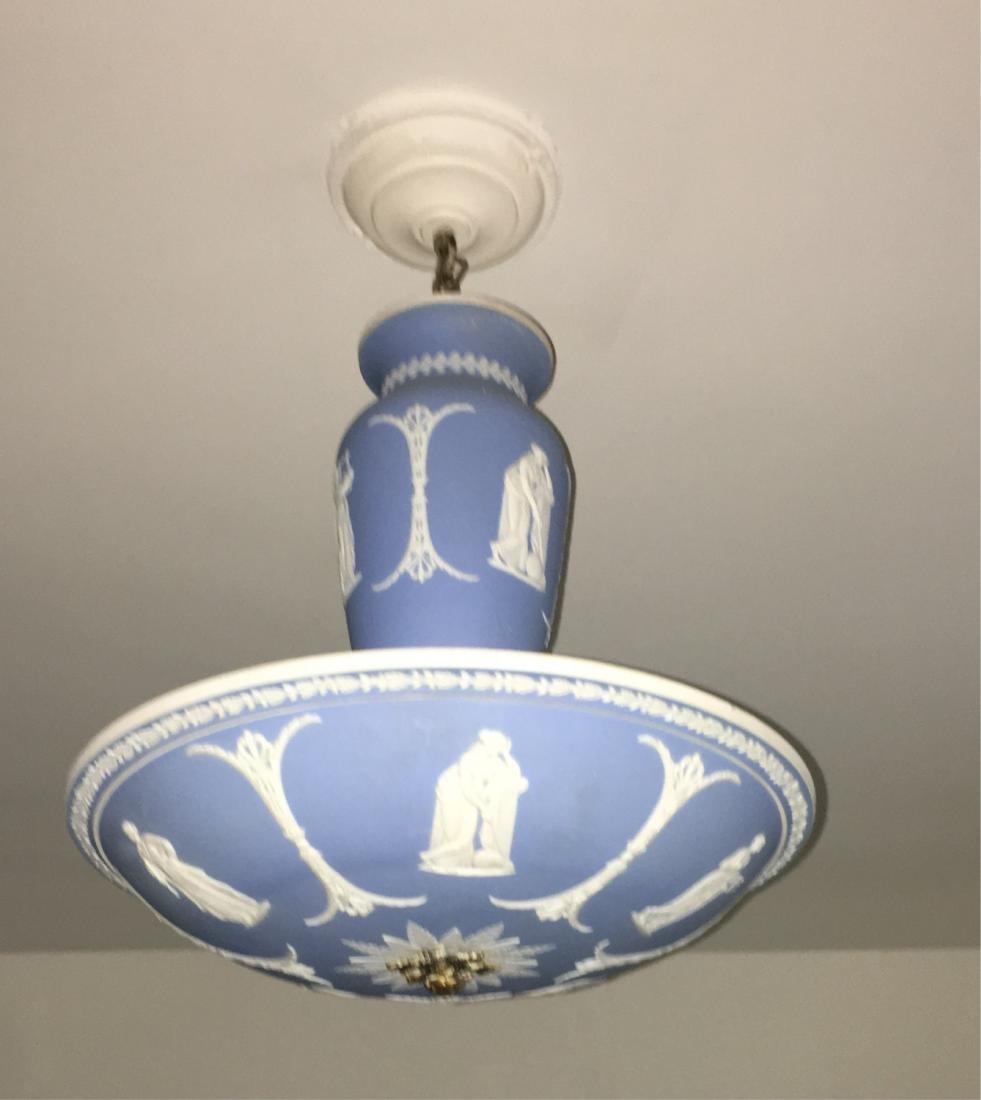 19th c. Wedgwood Blue Jasper Pendant Light: A 19th c. Wedgwood blue jasper pendant light, the canopy with a single mark, possibly repurposed from a chandelier when converted to electricity (QKAT1002) (TC) Dimensions: the canopy 14.25" diameter,