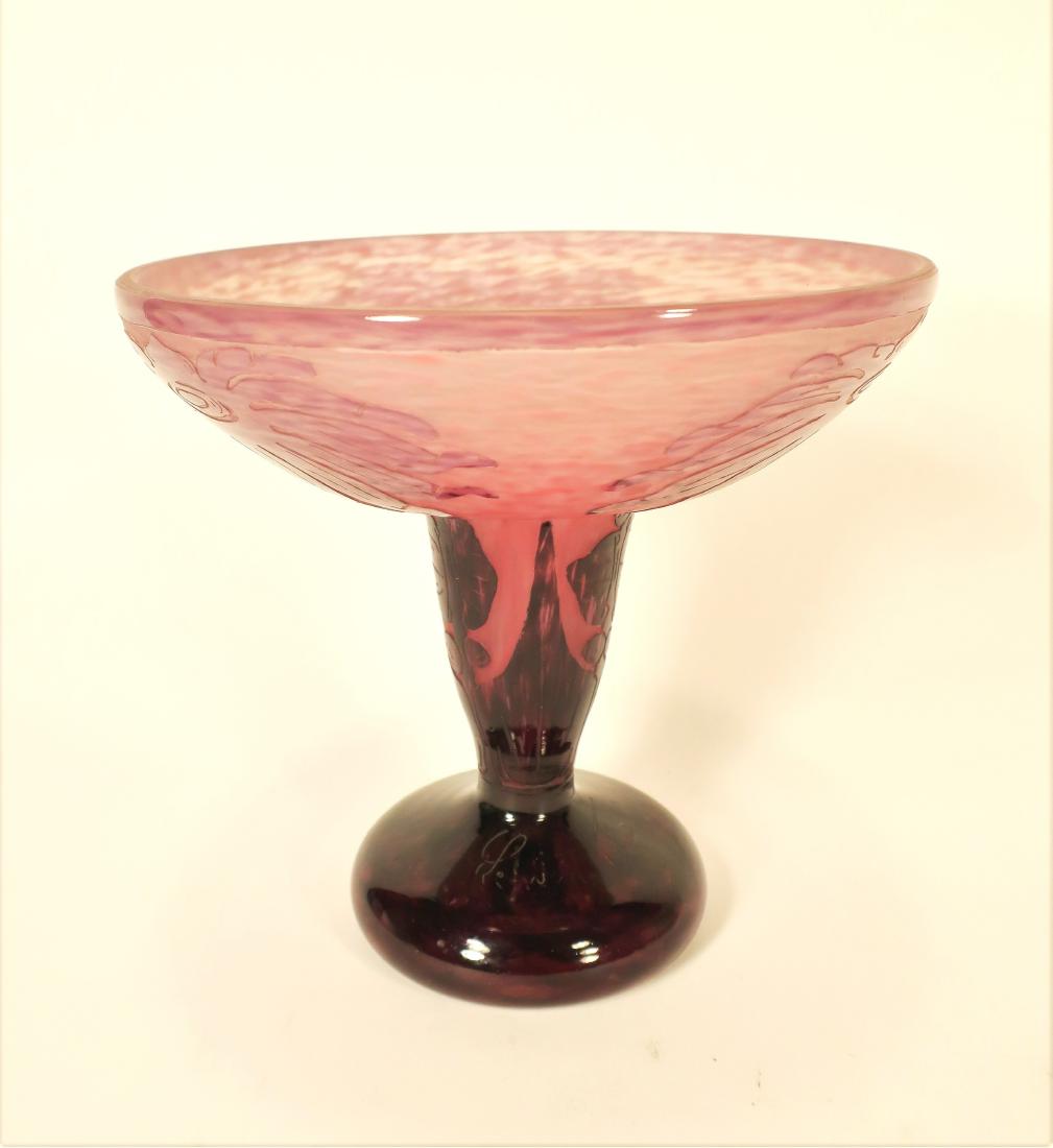 La Verre Francois, Art Deco Cameo Glass Compote: Purple in color. Signed on base. (RSIE1507) (WT) Dimensions: 7.5" x 7.25"