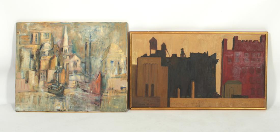 Jean Duncan, 20th C., Building & Harbor O/C's: One signed verso and dated 1972/ (DUNC1503/2) (WT) Dimensions: 18.5" x 36" and 24" x 30"