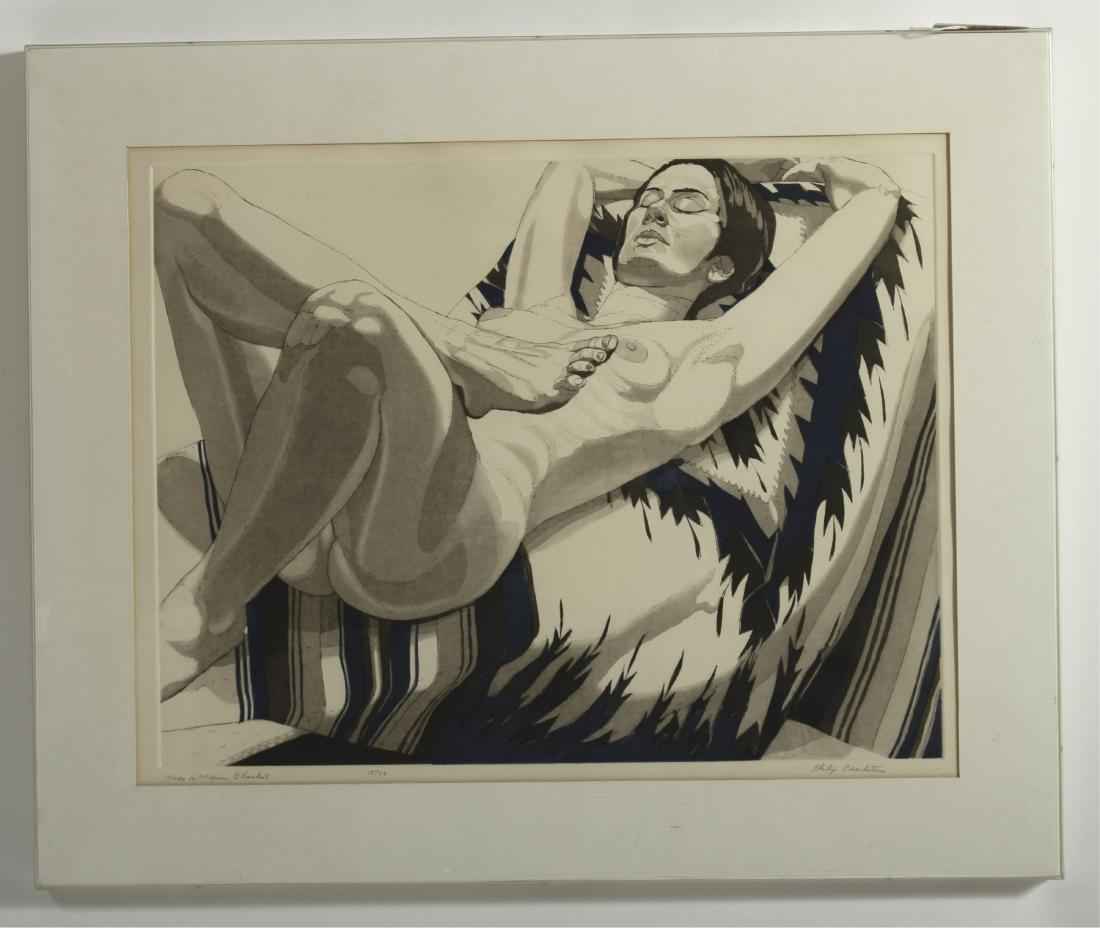 Philip Pearlstein, Nude on Mexican Blanket,litho: Philip Pearlstein, Am.,b.1924, Nude on Mexican Blanket, color lithograph, pencil titled, signed and numbered 15/73 (LSEI1889) (MM) Dimensions: 18 1/2 x 24