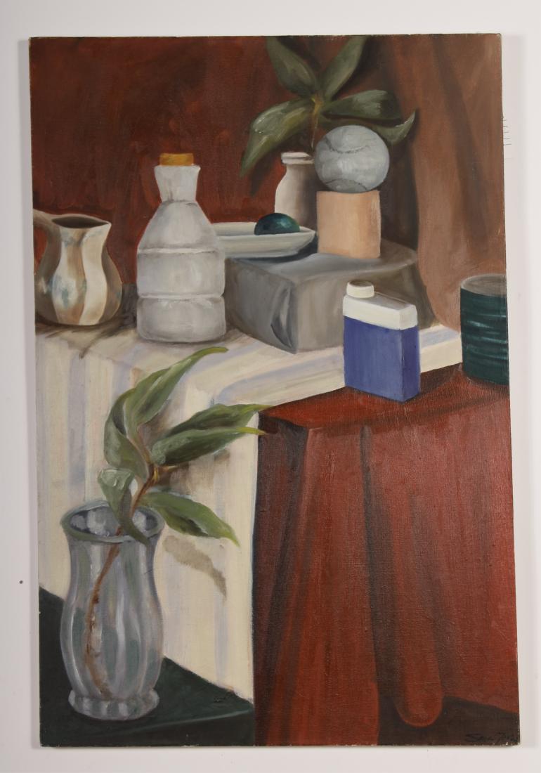 Still Life with Red Table, 20th C, O/C, signed (1 of 1)