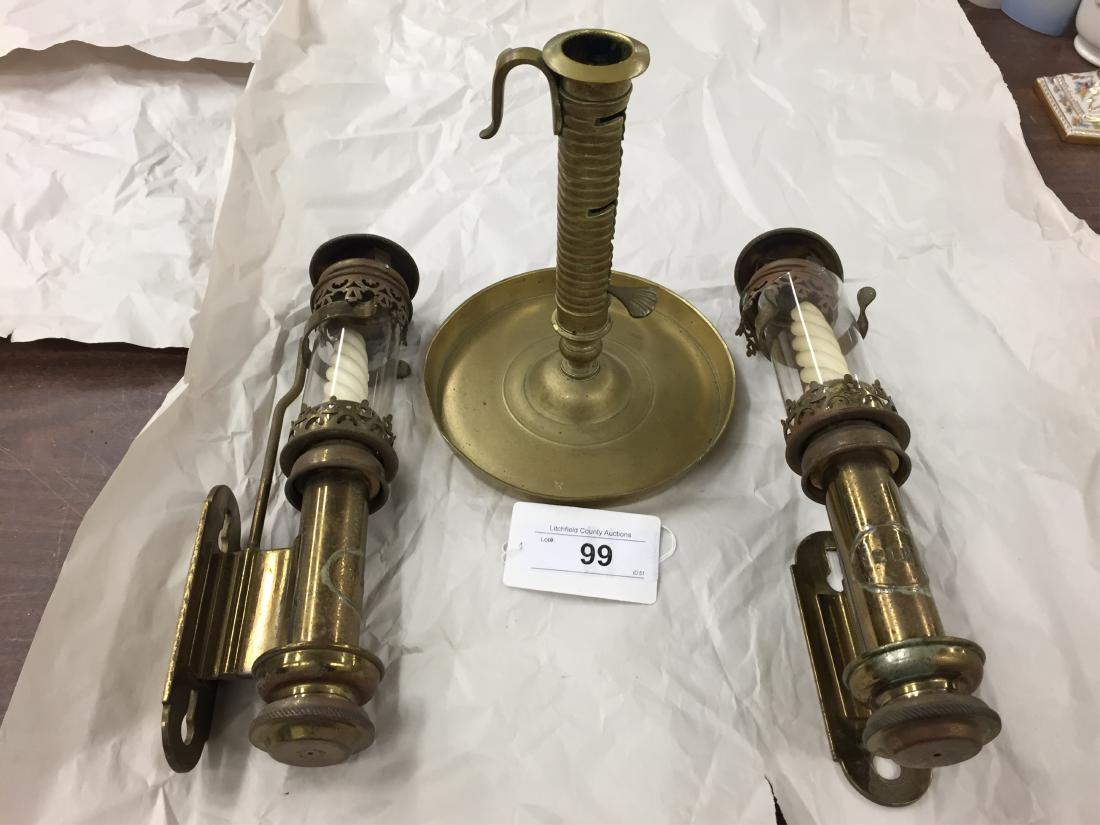 Pr. French Brass Lantern Sconces & A Candlestick (1 of 2)