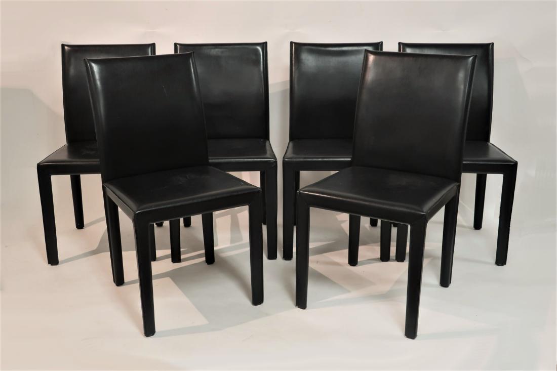 Set of 6 Black Leather Side Chairs by Maria Yee: Set of Italian-Inspired Black Leather Side Chairs by Maria Yee. Dimensions: 35-1/2"h x 18-1/2"w x 18-1/2"d (HROS1002/6) (TC)