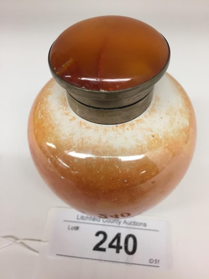 Ruskin Pottery Covered Potpourrie Jar: Silver or silver plate interior stopper with 'jewel' knob. Impressed Ruskin 1913. Dimensions: 4" x 3" (EPEN25-240) (WT)